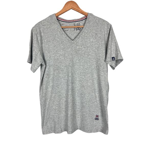 PSYCHO BUNNY Men's‎ M Heathered Gray Silicon Logo V-Neck Cotton Blend T-Shirt - Picture 1 of 8